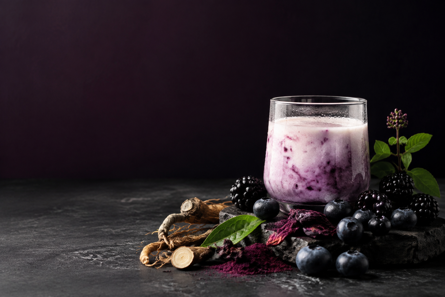 Conceptual still life of a cultured berry beverage and botanical ingredients